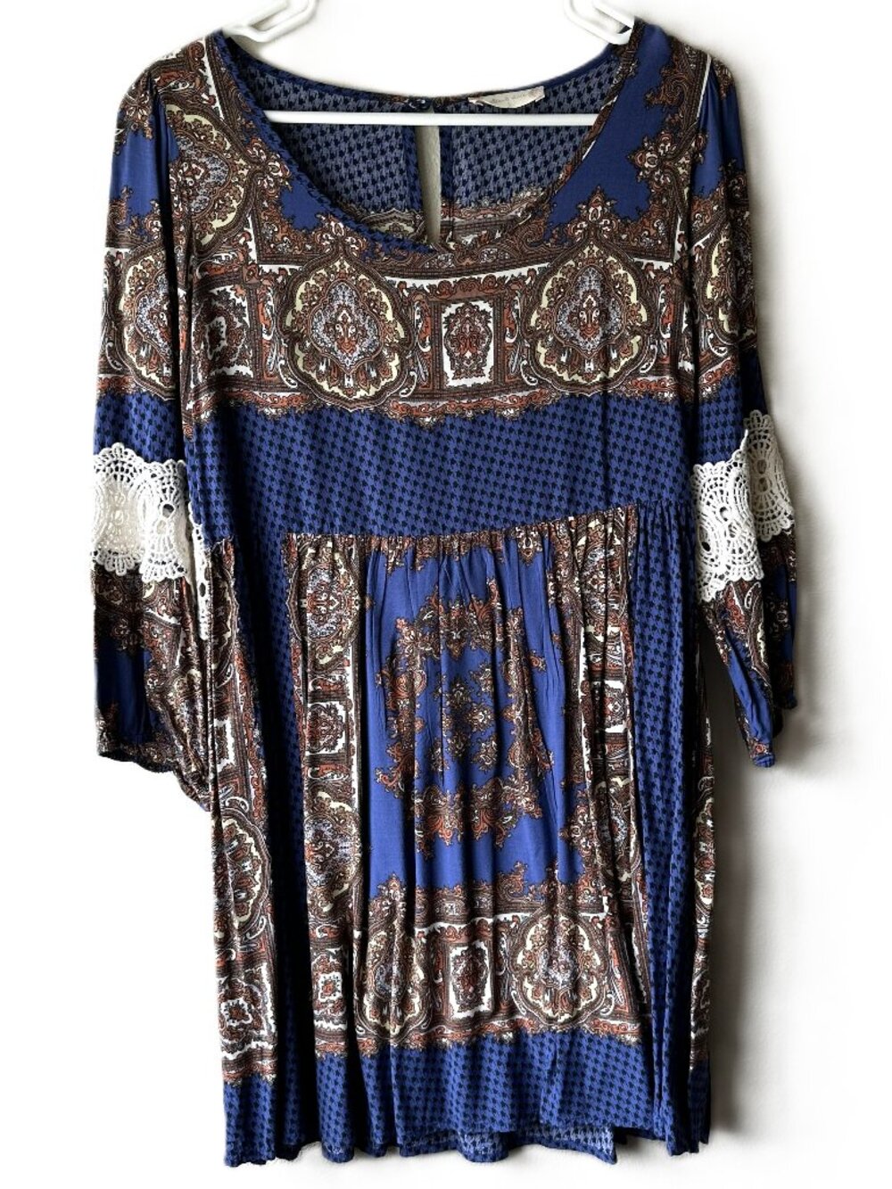 Altar'd State Womens Large Blue Paisley Boho Peasant Dress Crochet Lace Festival